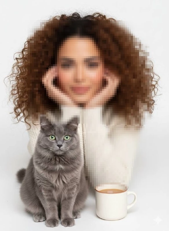 Cozy portrait of a woman with her grey cat and a warm cup of coffee