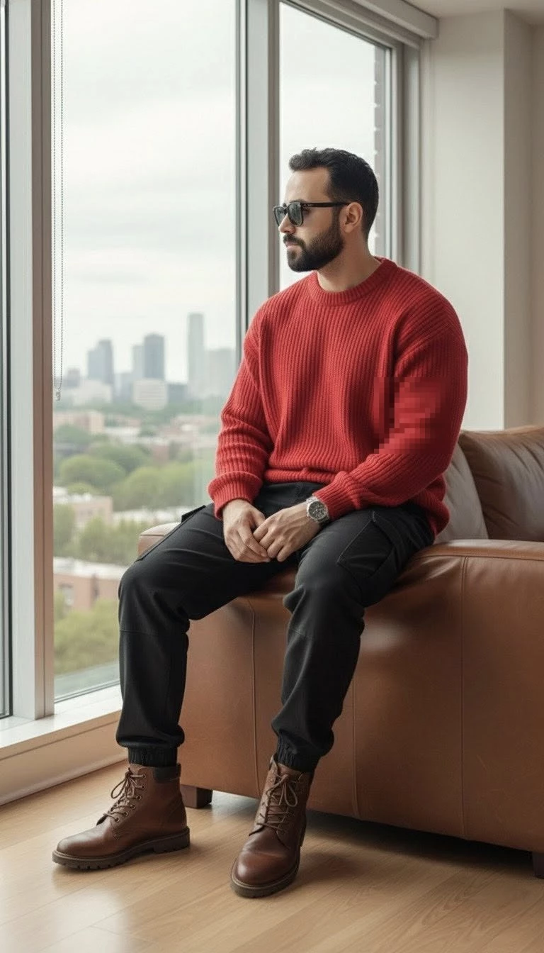 Cozy Urban Portrait of a Man Relaxing by a City View Window
