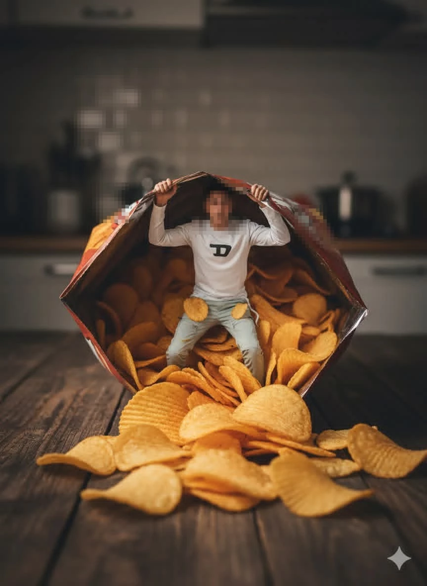 Creative Miniature Man Sitting Inside a Giant Bag of Potato Chips