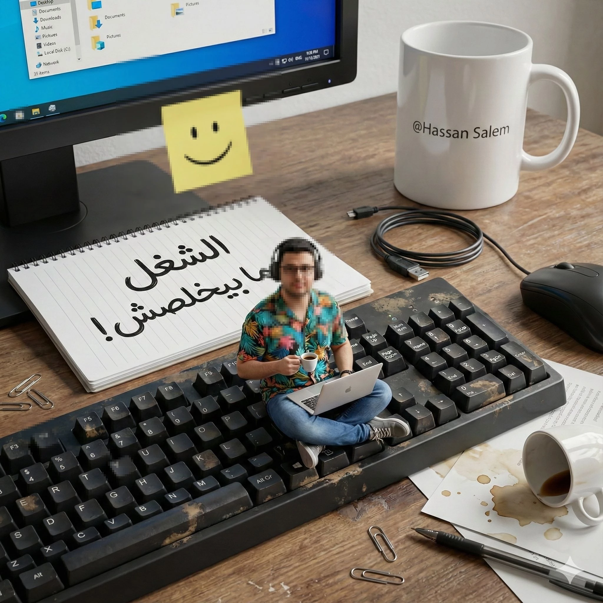 Creative Miniature Workspace Scene with Tiny Man Sitting on a Keyboard