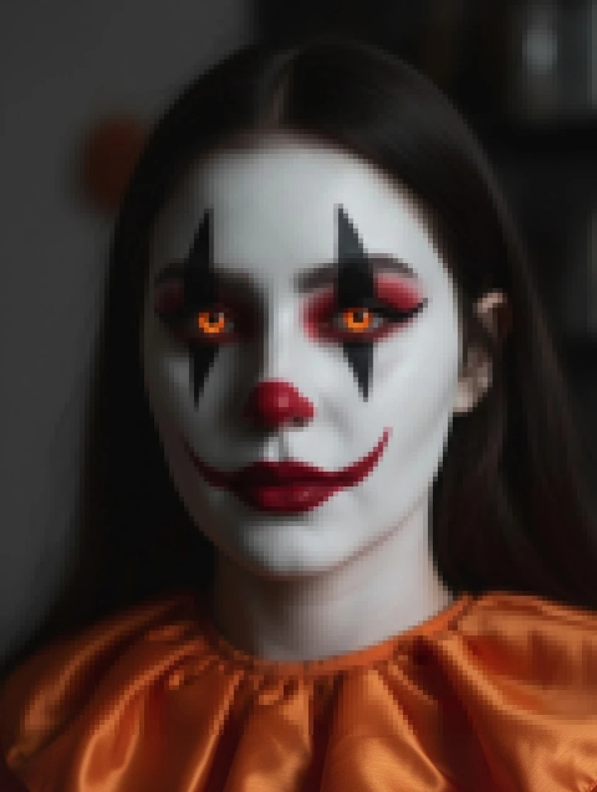 Creepy clown woman with glowing orange eyes and white face paint