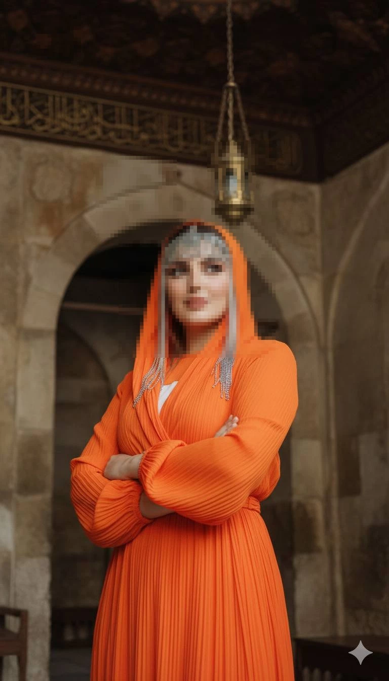 Cultural portrait of a woman in an orange pleated dress with traditional silver headpiece