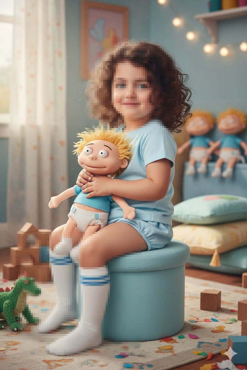 Curly haired child playing with doll in cozy pastel themed playroom