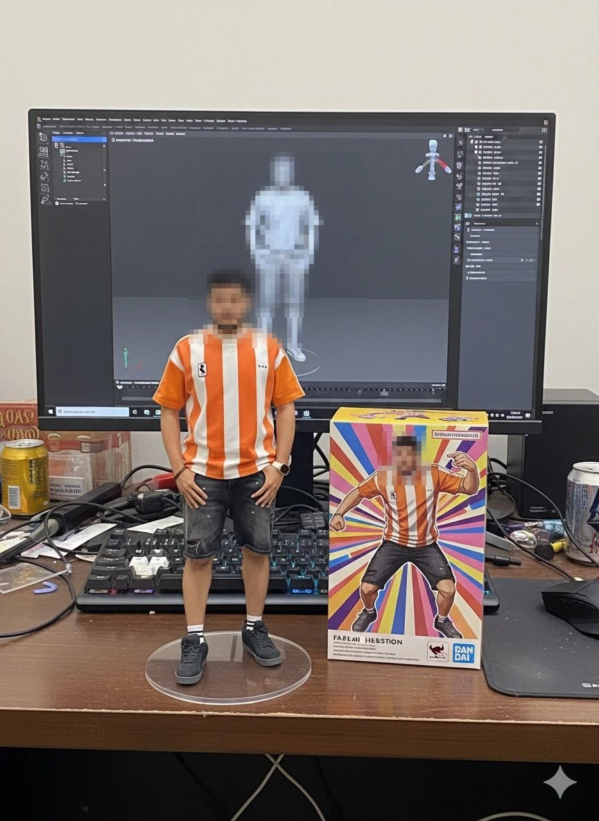 Custom 3D Printed Figurine Displayed with Digital Model and Artwork Box
