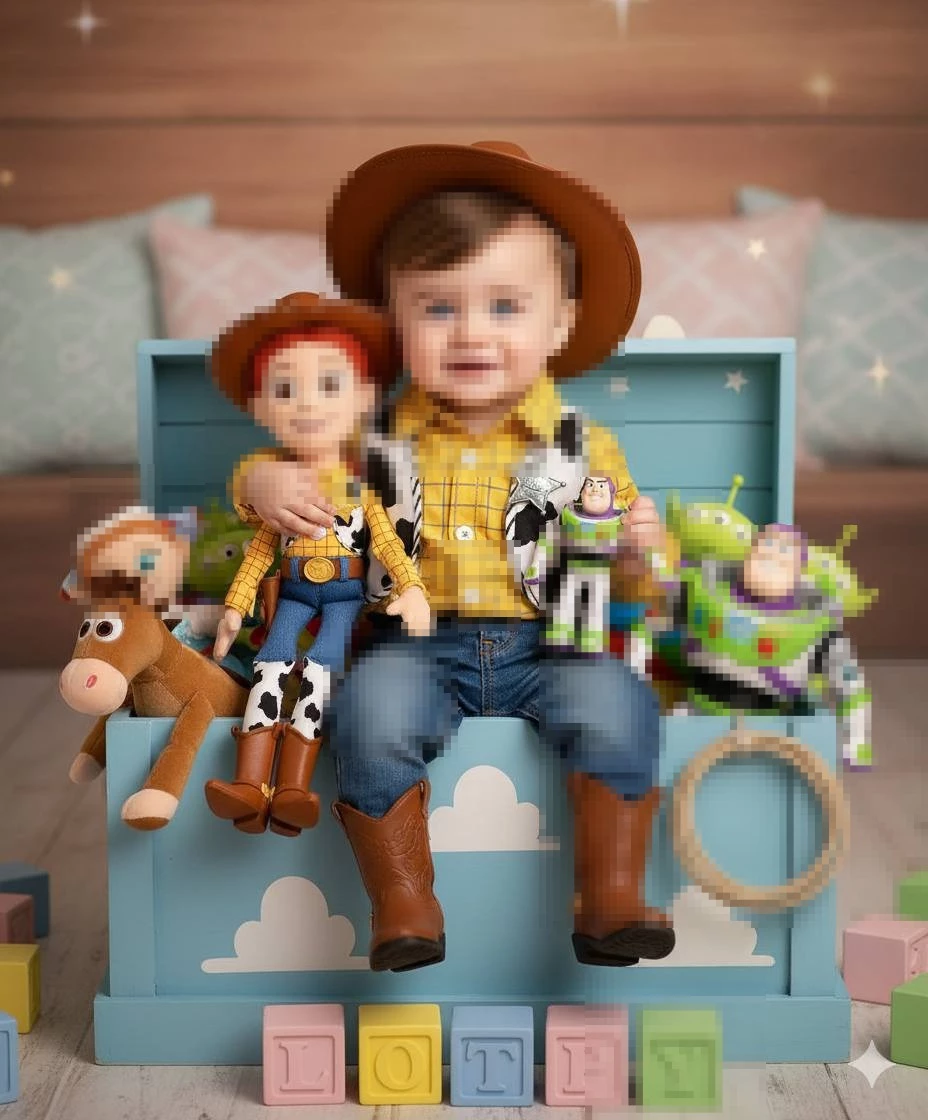 Cute Baby Dressed as Cowboy with Toy Story Characters and Blue Toy Chest