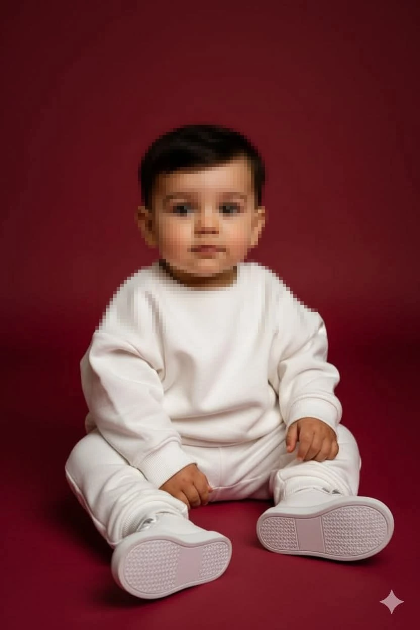 Cute Baby in White Outfit Sitting Against Burgundy Background