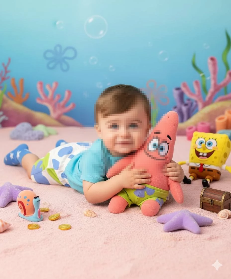 Cute Baby Playing with Patrick Star Toy in Underwater Themed Room