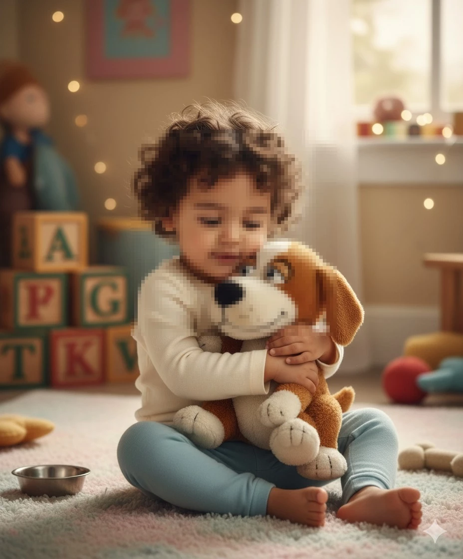 Cute Child Hugging Plush Dog Toy in Cozy Playroom with Warm Lighting