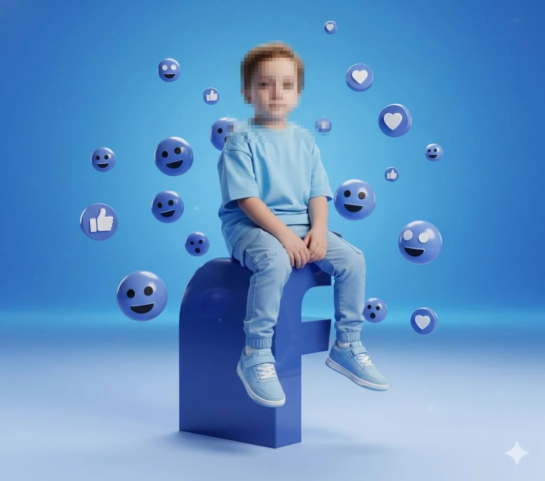 Cute Child Sitting on Facebook Letter Surrounded by Social Media Reaction Icons