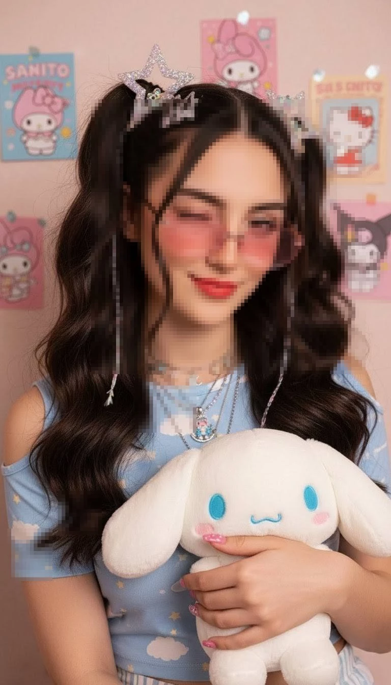 Cute girl with pink glasses and plush toy in a pastel Sanrio themed room
