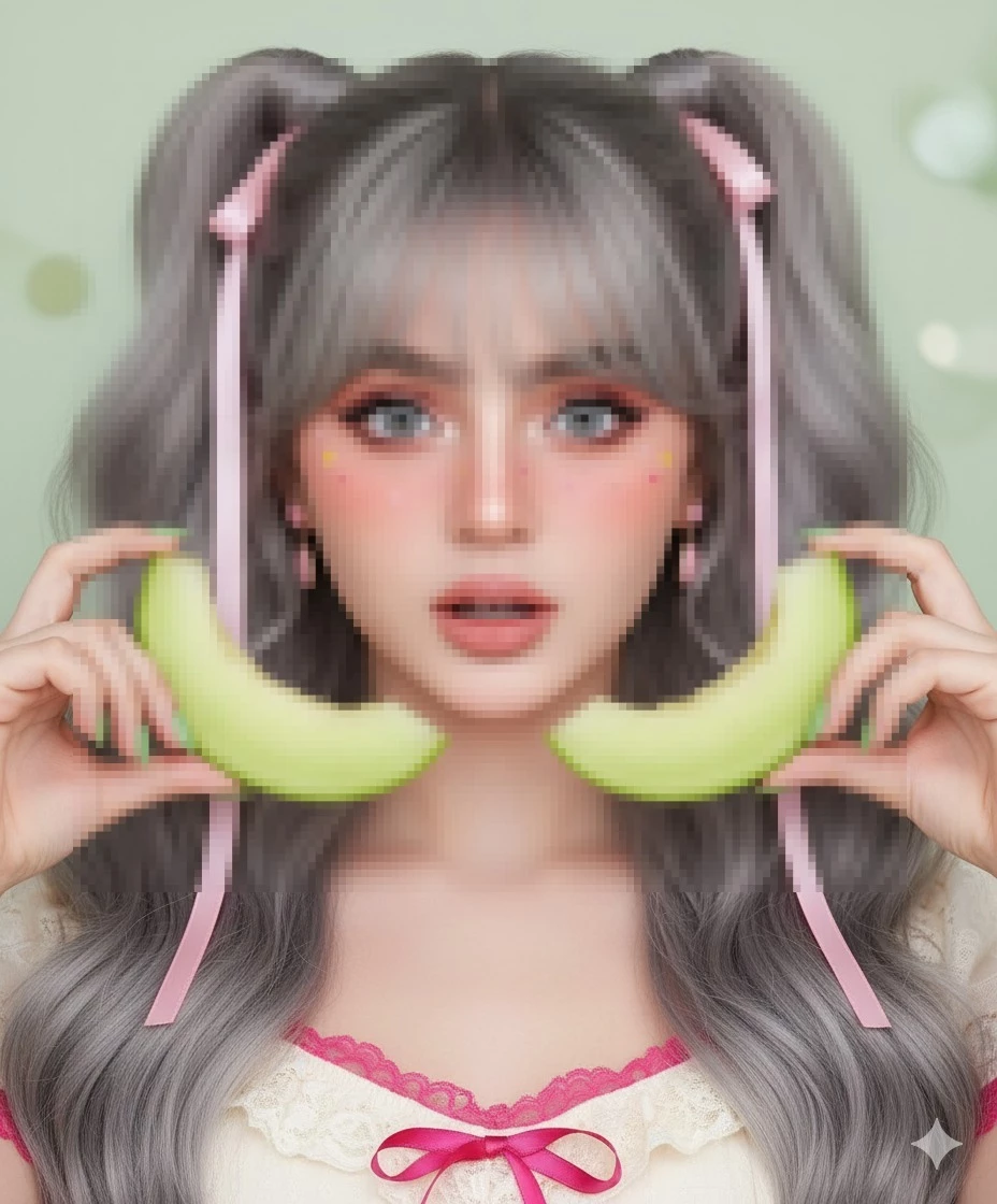 Cute girl with silver hair holding melon slices in pastel kawaii style