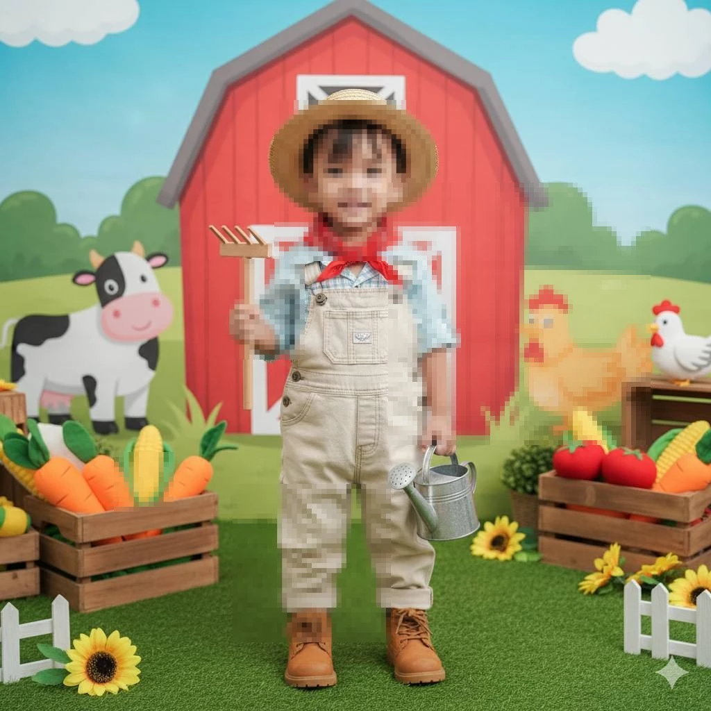 Cute little boy dressed as a farmer holding a watering can on a colorful farm set