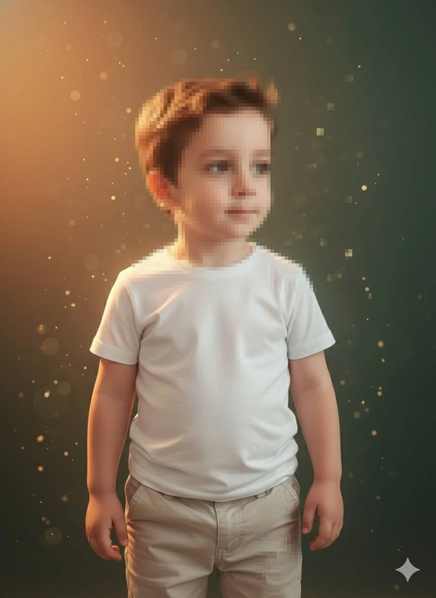 Cute Little Boy in White T-Shirt Posing in Warm Studio Light