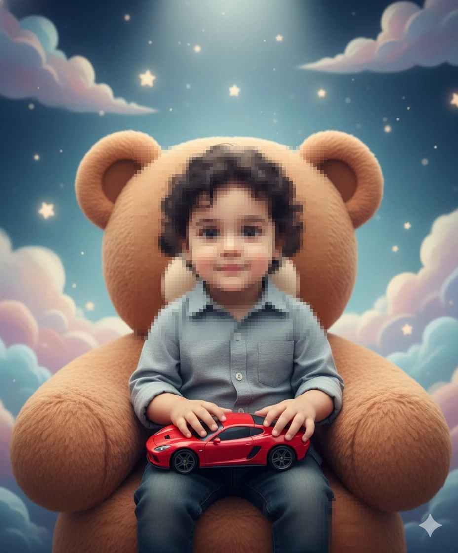 Cute little boy sitting on teddy bear chair holding red toy car