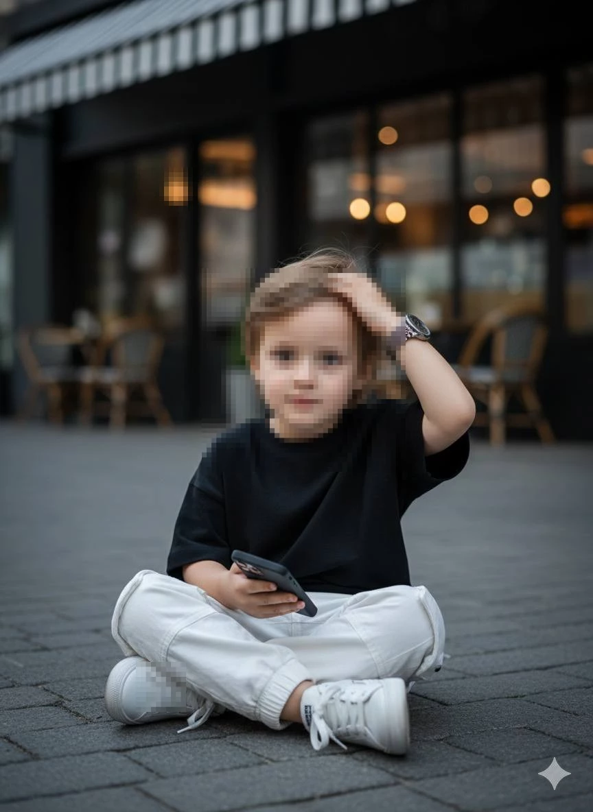 Cute Little Boy Sitting Outdoors Holding a Phone in a Casual Urban Setting