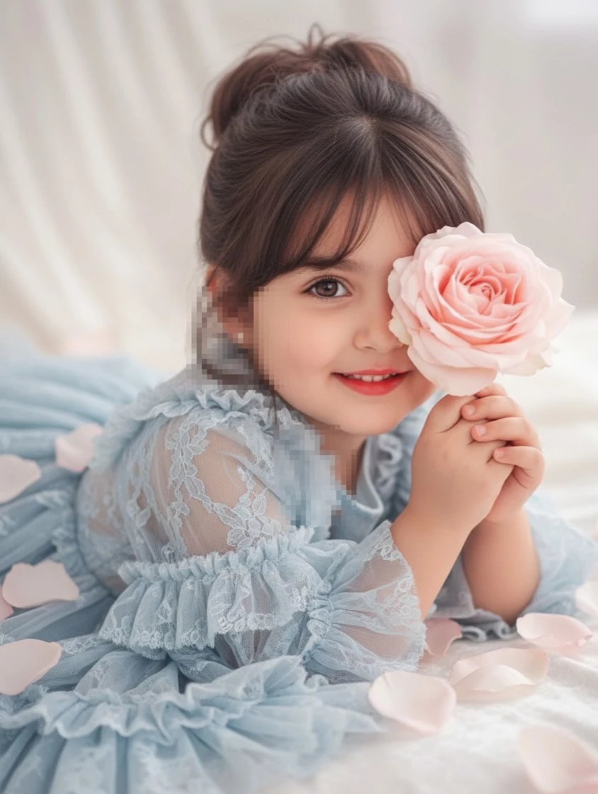Cute Little Girl in Blue Lace Dress Holding a Pink Rose and Smiling