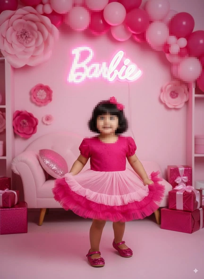 Cute little girl in pink Barbie dress posing in a stylish themed birthday room