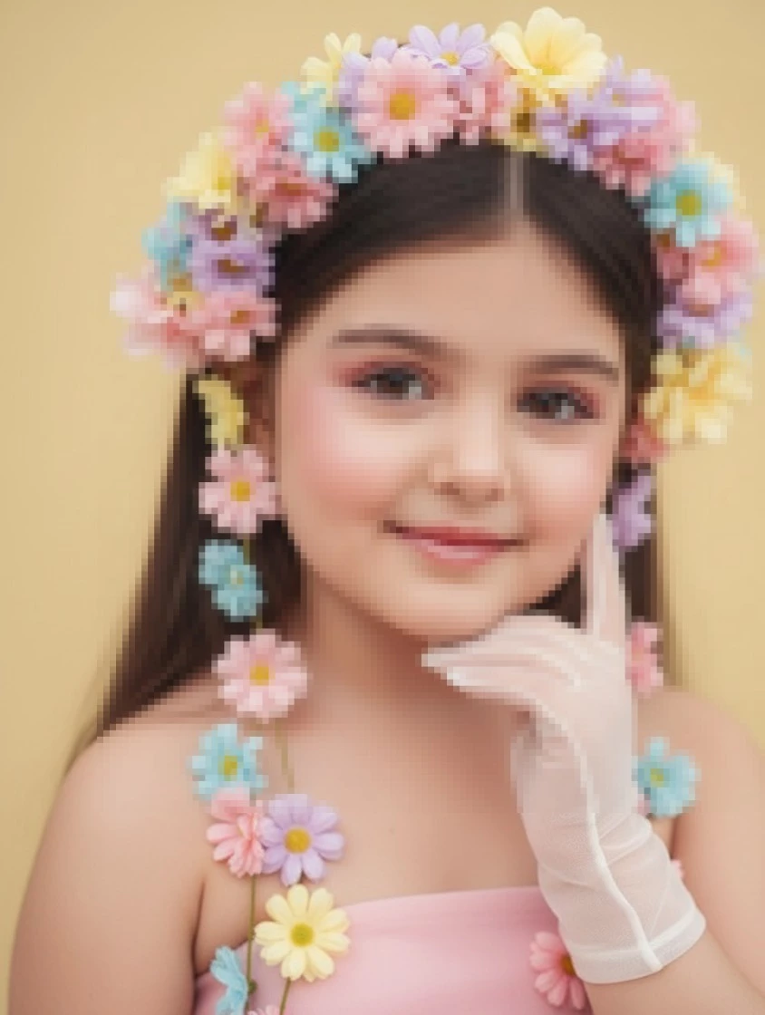 Cute Little Girl Wearing Colorful Flower Crown and White Gloves