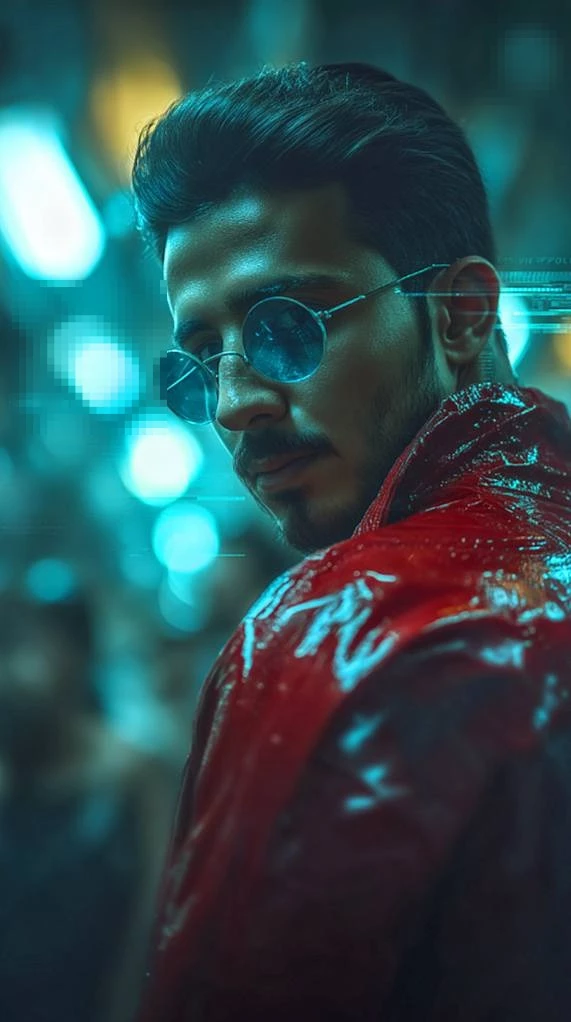 Cyberpunk Portrait of a Man in Red Jacket and Blue Glasses Under Neon Lights