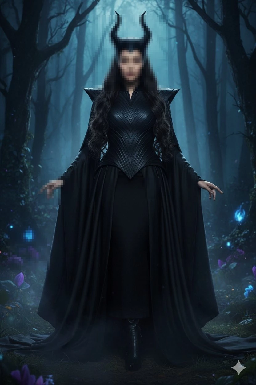 Dark Sorceress Woman in Black Gown Standing in Enchanted Misty Forest