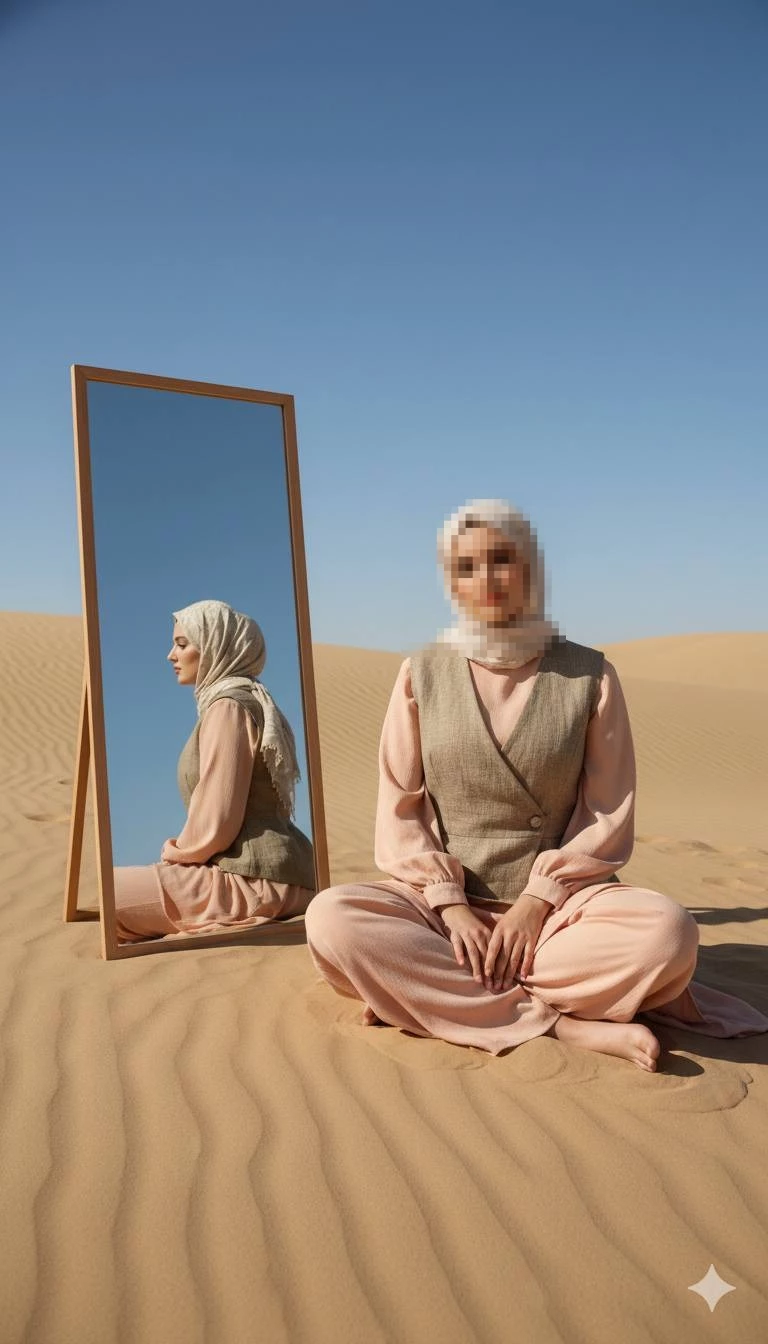 Desert portrait of a woman seated beside a mirror under clear blue sky