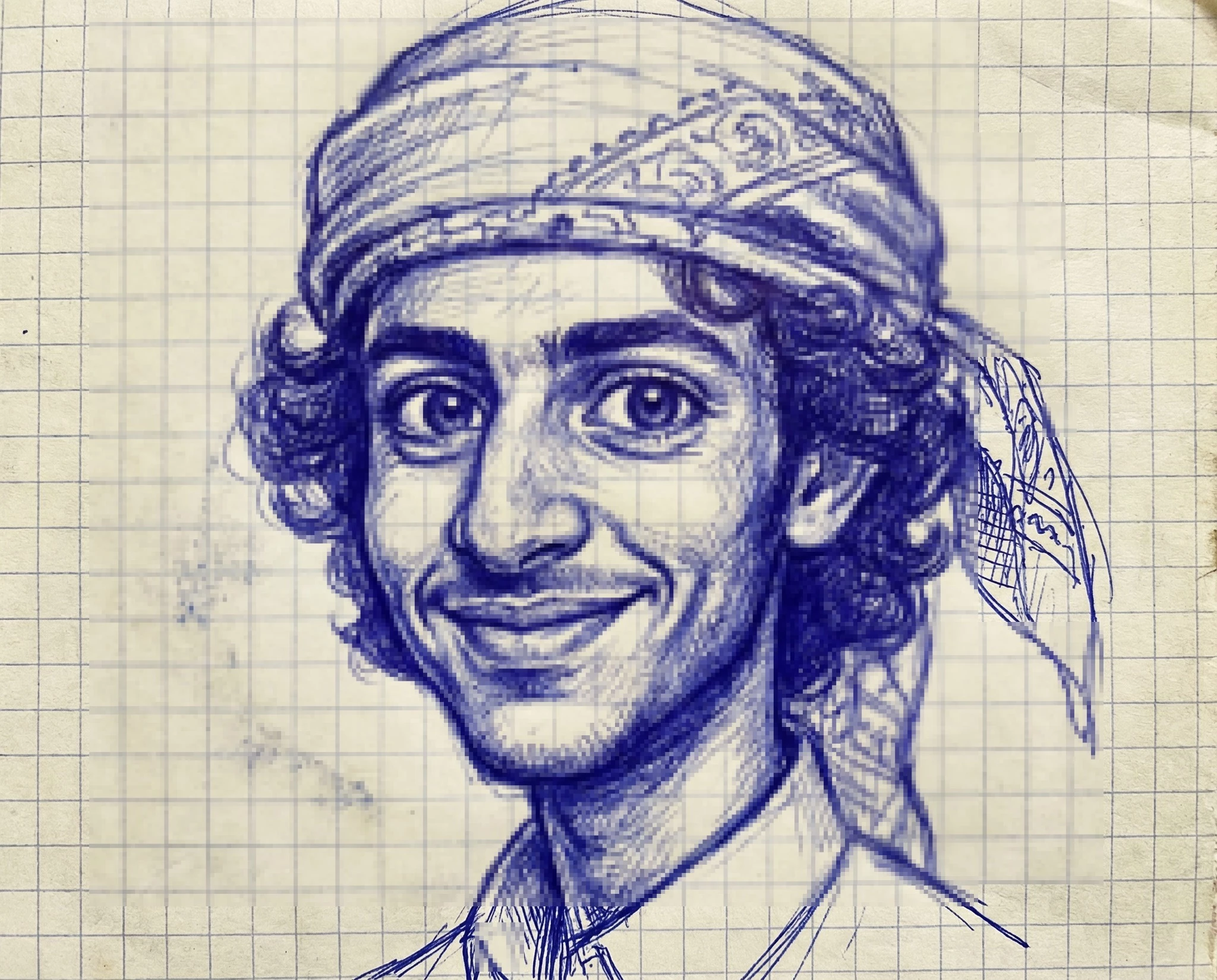 Detailed Blue Ink Sketch of a Smiling Character on Grid Paper