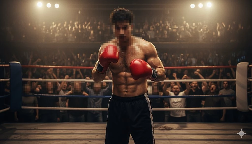 Determined boxer standing in the ring wearing red gloves before an excited crowd