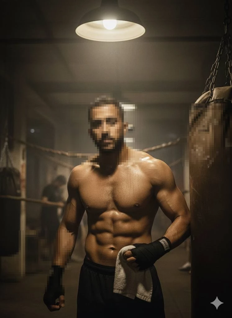 Determined boxer standing shirtless in a dimly lit gym after intense training session
