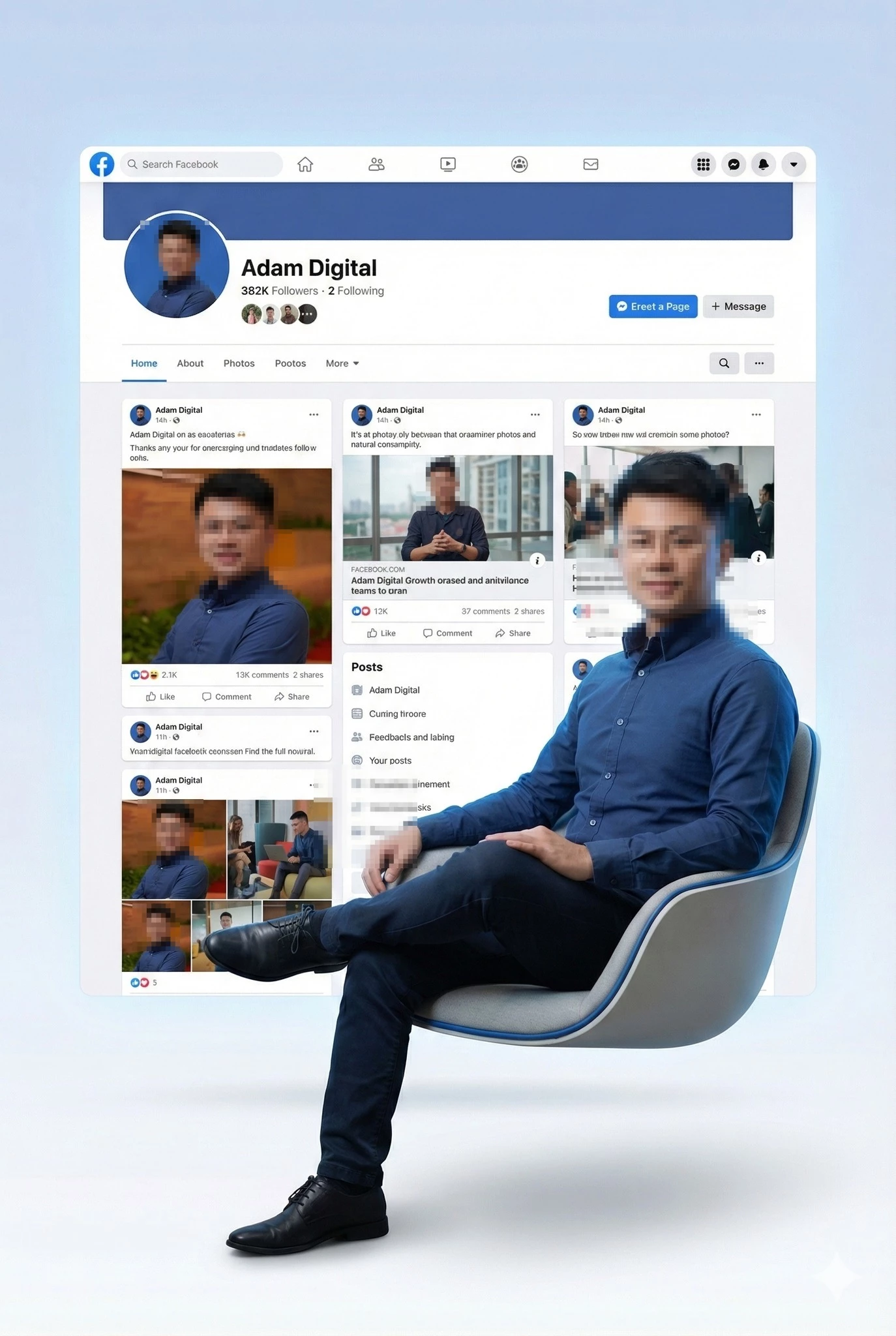 Digital Marketing Influencer Seated with Social Media Profile Background