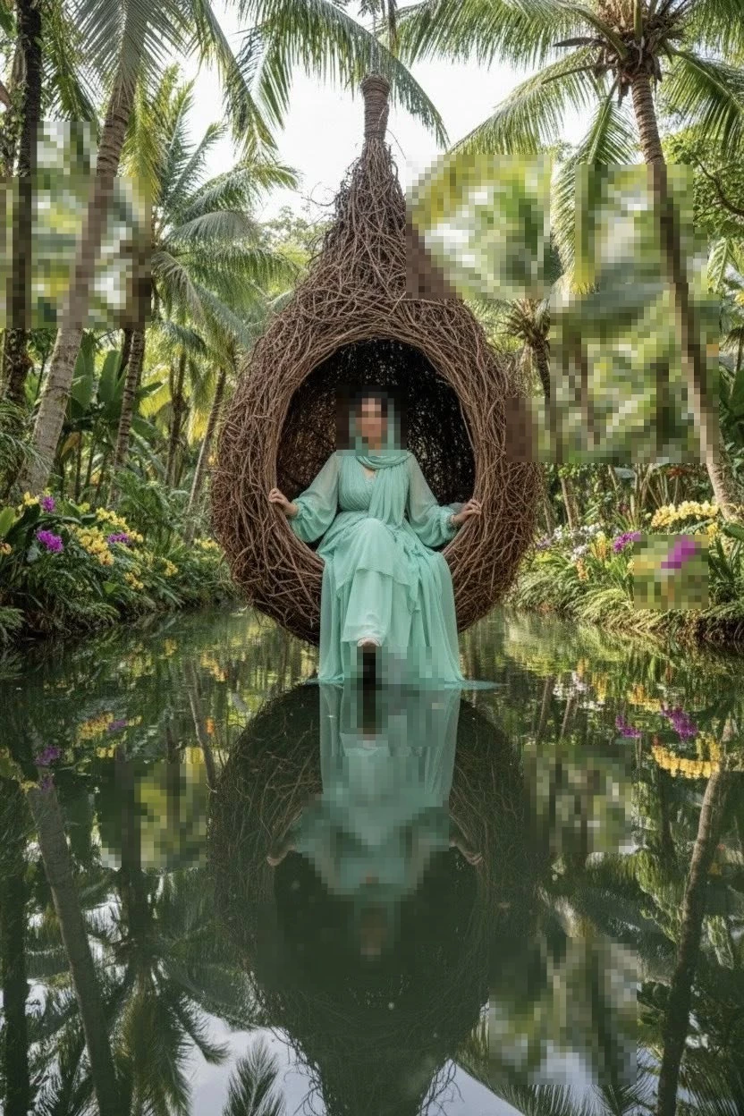 Woman in mint green dress sitting in woven nest chair over tropical water garden