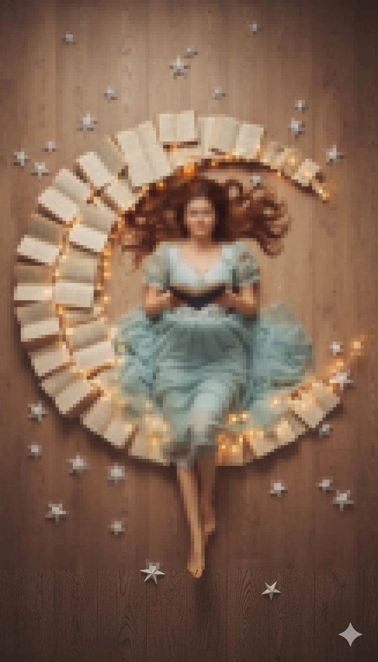 Dreamy Overhead Portrait of a Woman Reading Surrounded by Books and Fairy Lights