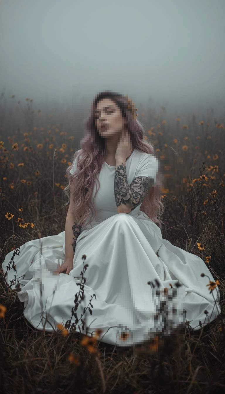 Dreamy Portrait of a Woman in White Dress Sitting in a Foggy Meadow