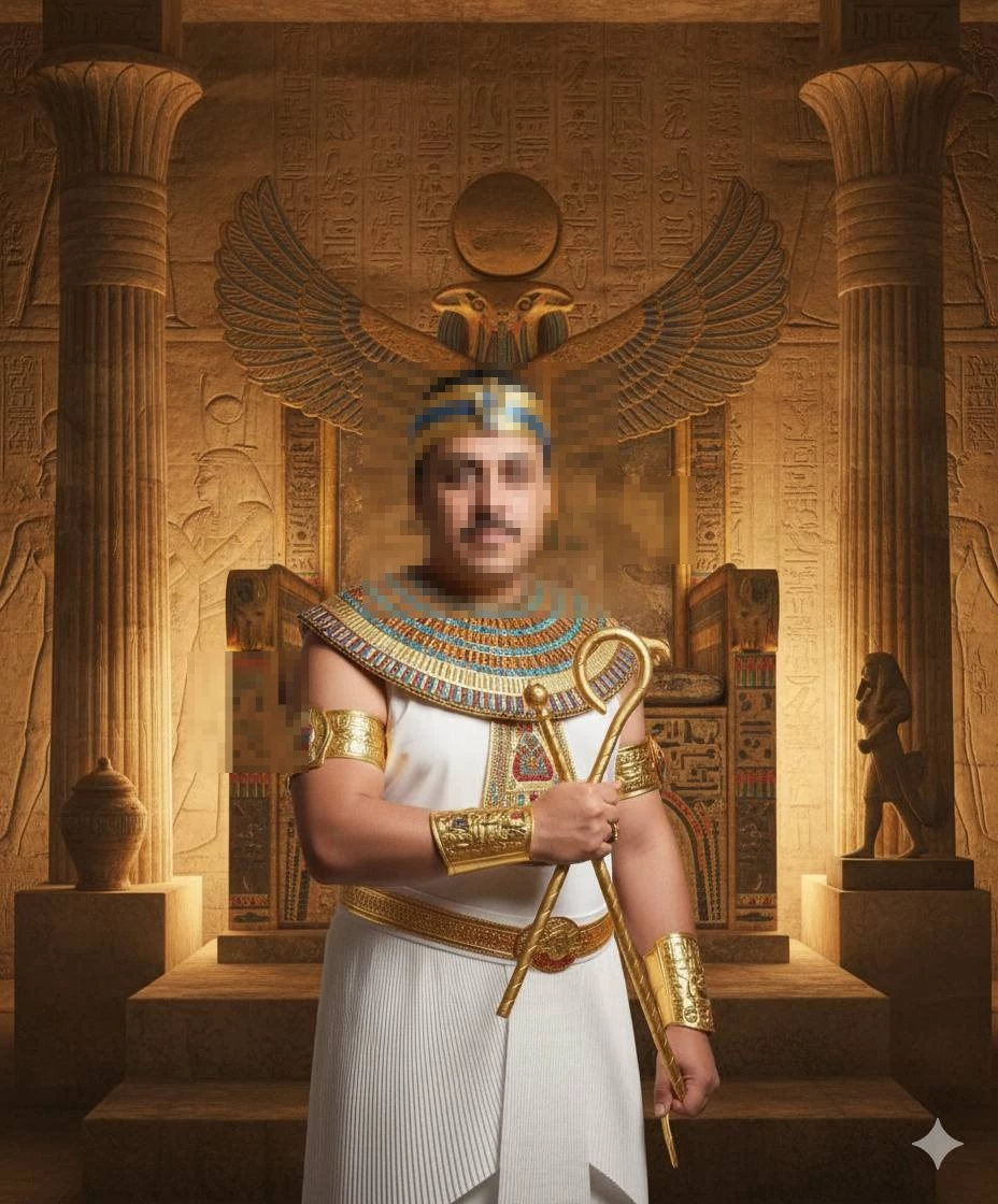 Egyptian pharaoh standing in golden temple with ancient hieroglyphic walls