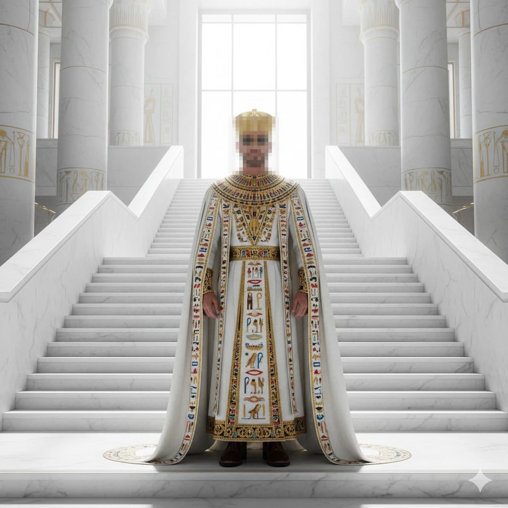 Egyptian pharaoh wearing white and gold robe standing on marble staircase