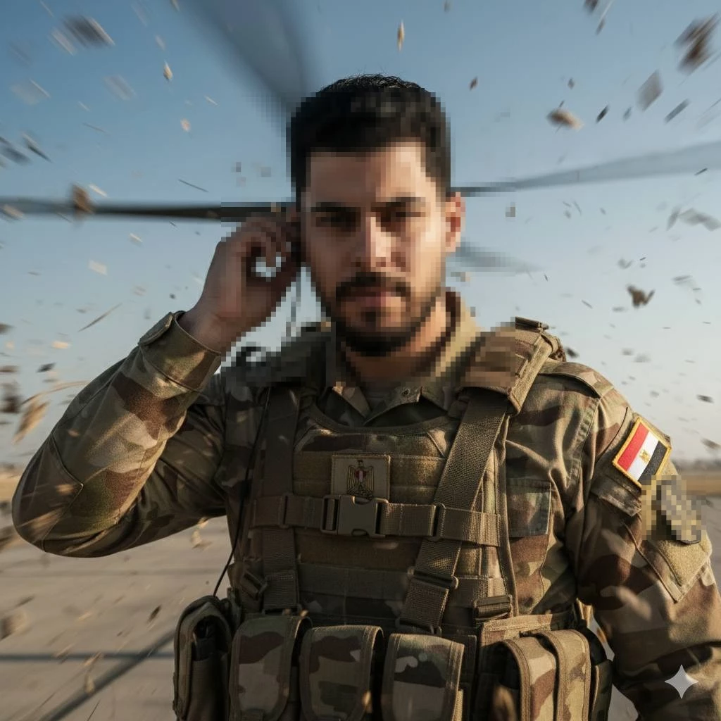 Egyptian Soldier Standing on Airfield with Helicopter in Motion Behind Him