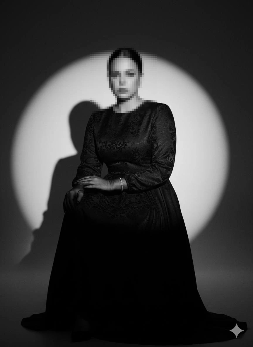 Elegant black-and-white portrait of woman in long dress under studio spotlight