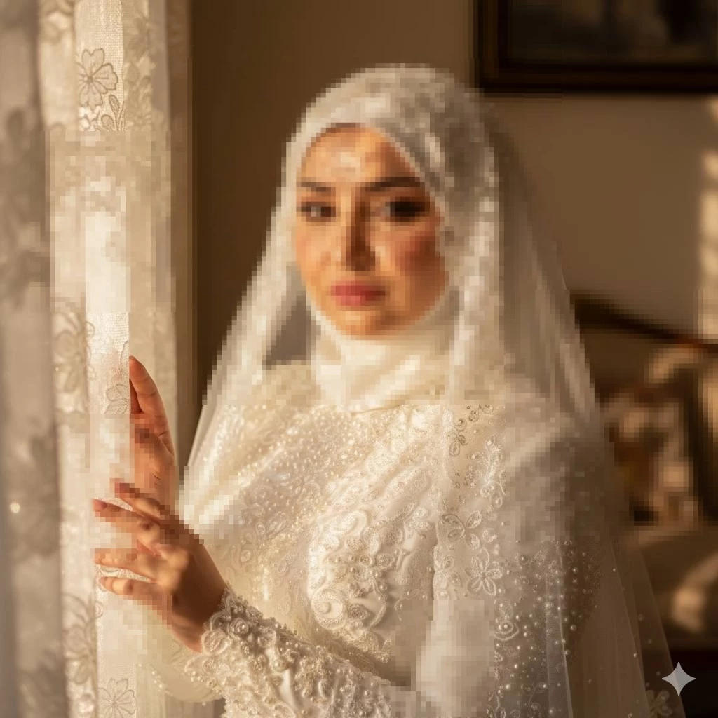Elegant Bride in White Hijab Dress Standing by Window in Golden Sunlight