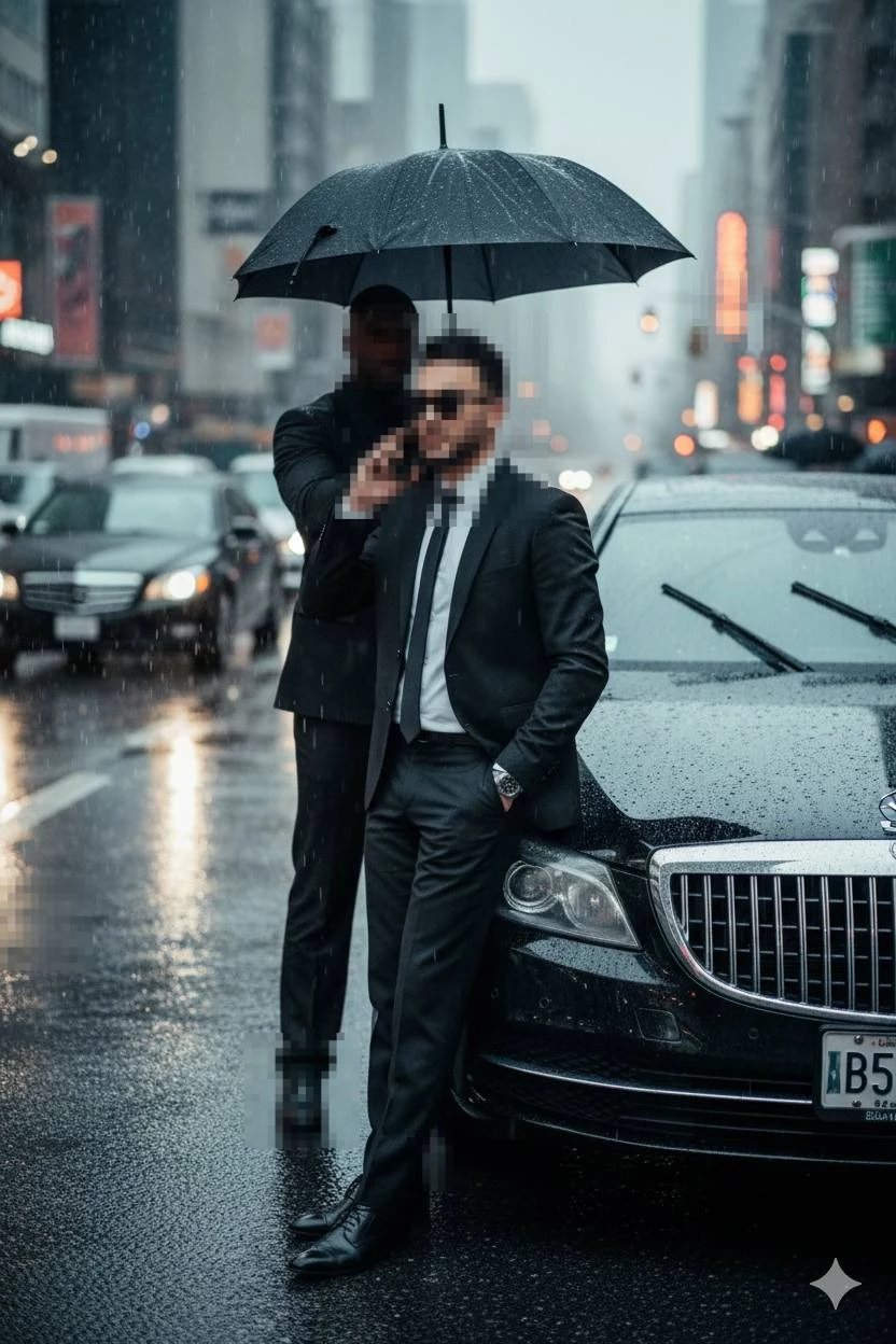 Elegant businessman under rain beside luxury car in a cinematic city street scene
