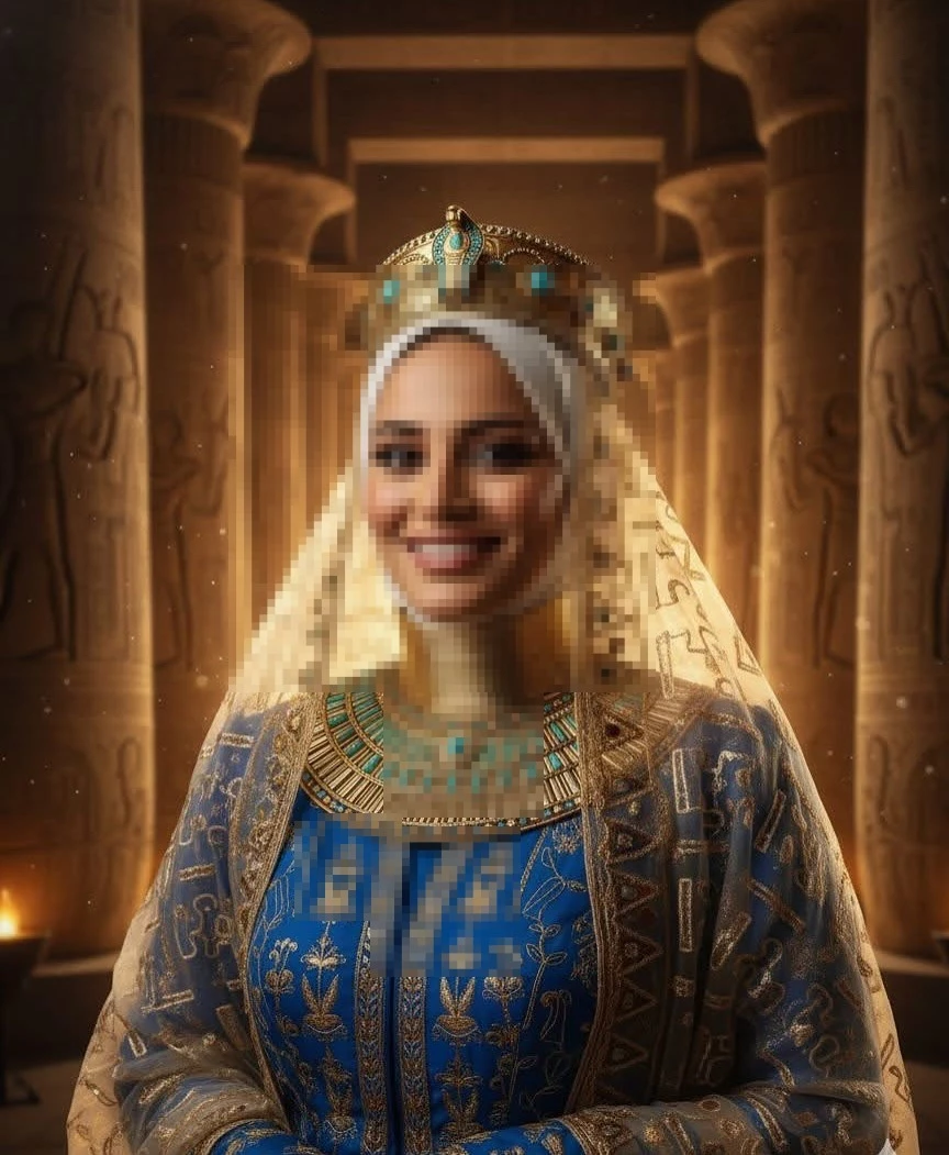 Elegant Egyptian Queen in Blue and Gold Royal Dress Inside Ancient Temple