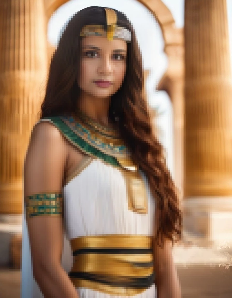 Elegant Egyptian queen standing before golden temple columns in sunlight