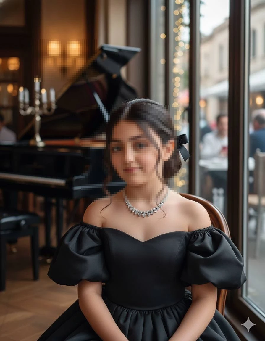 Elegant Evening Portrait in a Classic Café with Grand Piano