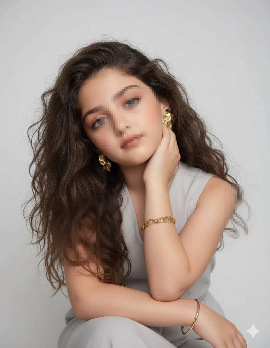 Elegant Gray Studio Beauty Portrait with Gold Jewelry