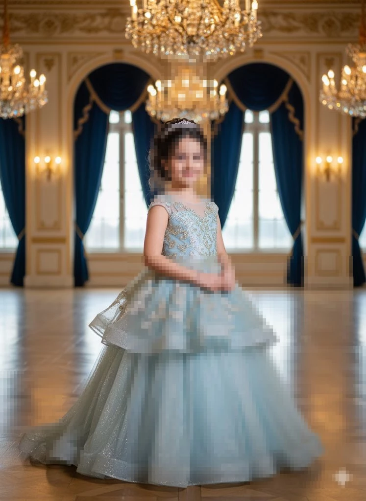 Elegant Little Princess in a Sparkling Blue Gown Inside a Royal Ballroom