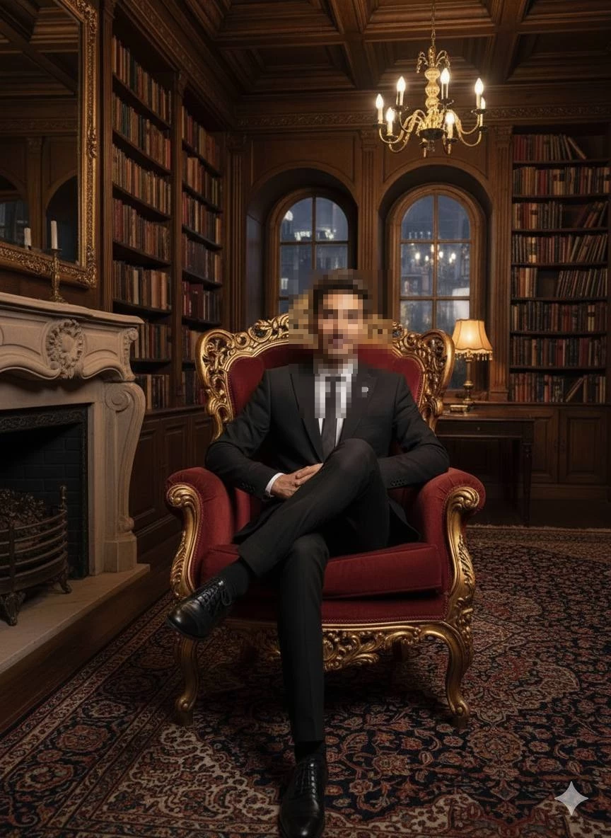 Elegant man in black suit sitting confidently in luxurious vintage library
