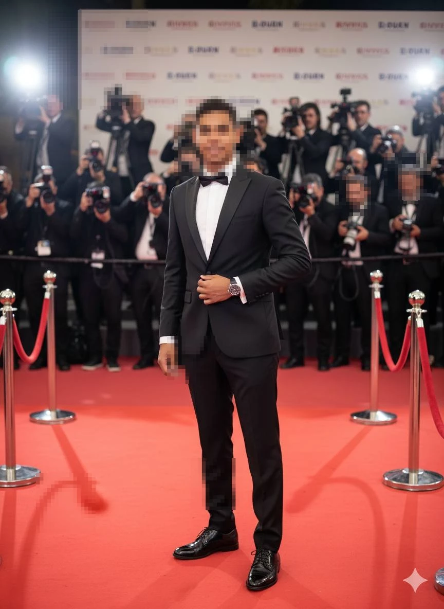 Elegant Man in Black Tuxedo Posing Confidently on the Red Carpet