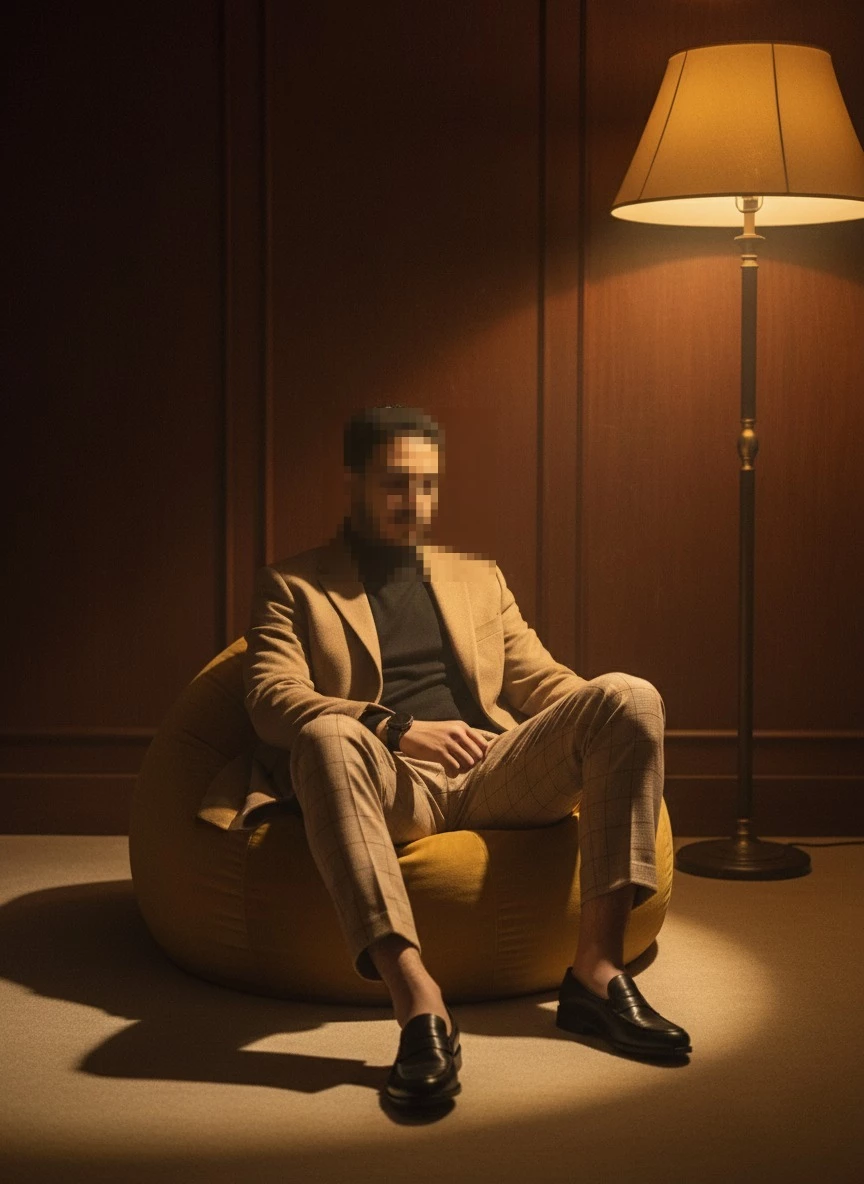 Elegant Man in Camel Blazer Sitting Under Warm Light in Stylish Room