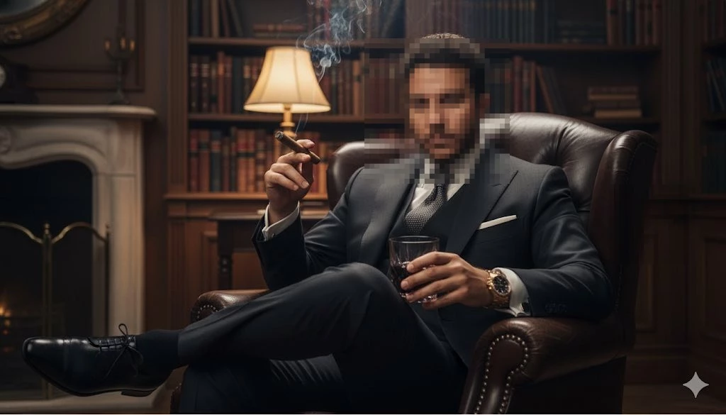 Elegant Man in Suit Smoking Cigar and Holding Whiskey in Classic Library