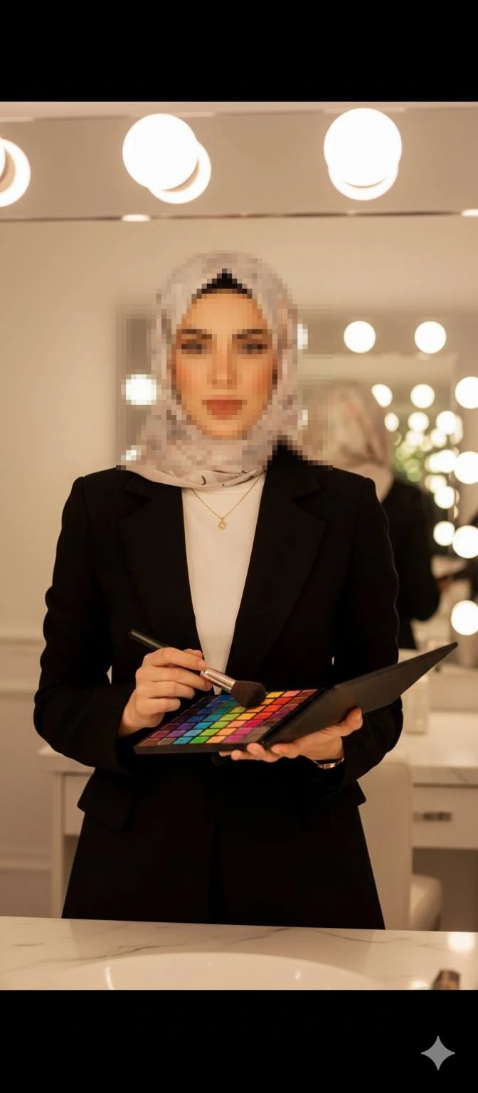 Elegant Muslim makeup artist holding colorful palette in a bright vanity studio