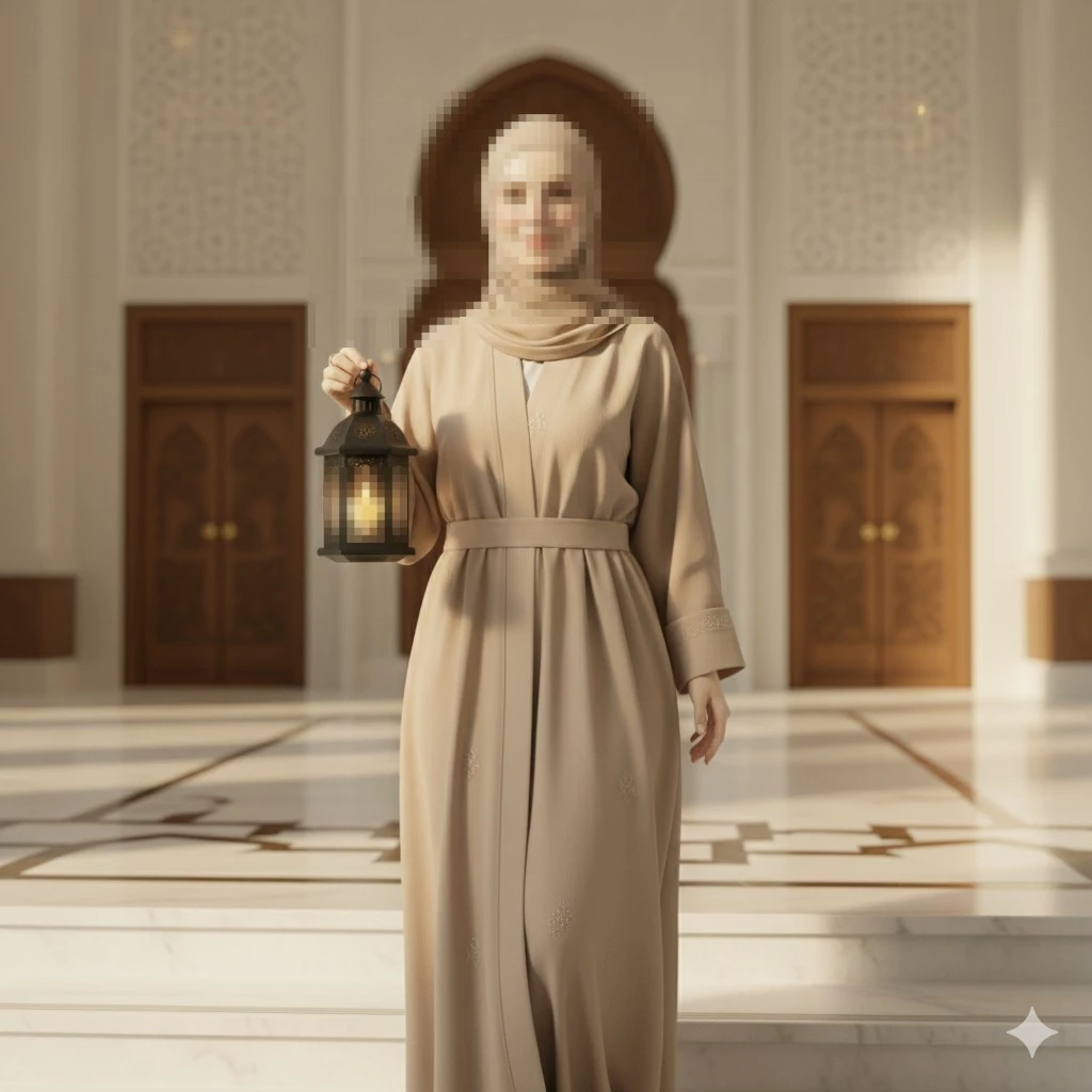 Elegant Ramadan Portrait of a Woman Holding a Lantern in a Bright Mosque Setting
