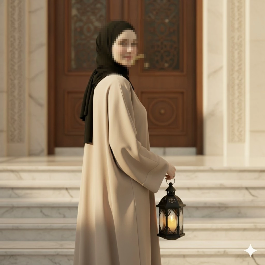 Elegant Ramadan Portrait of a Woman Holding a Lantern on Marble Steps